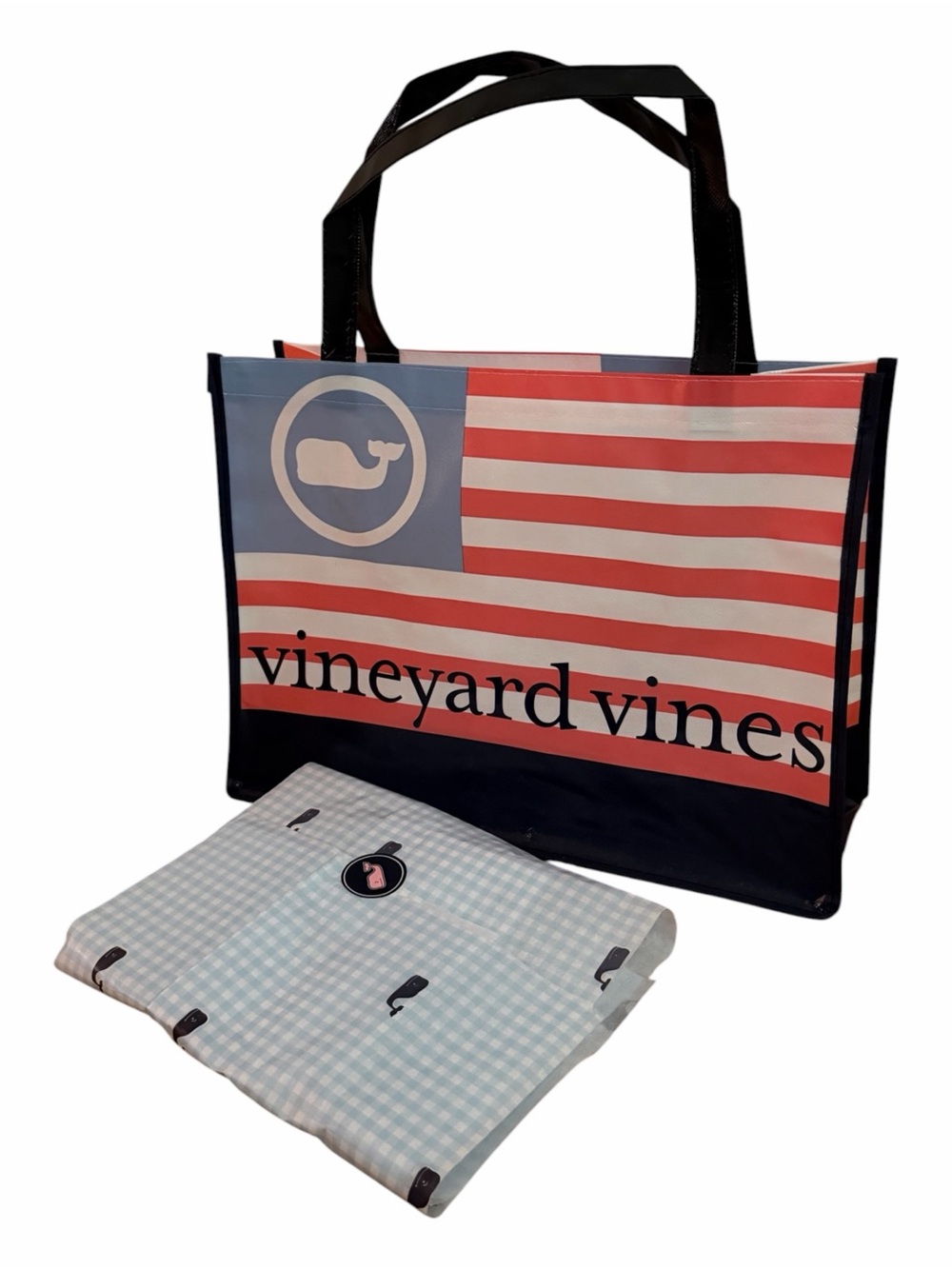 Vineyard Vines Reusable Red, Navy & Light Blue Whale Flag Tote with Tissue Paper